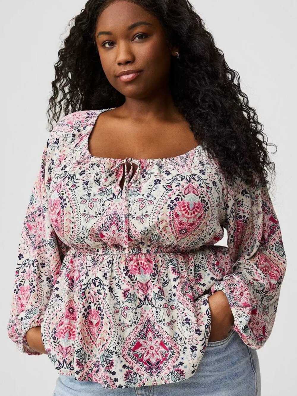 TORRID 1 Plus Size Babydoll Tie Front Top Cream Ivory Patchwork Boho Long Sleeve